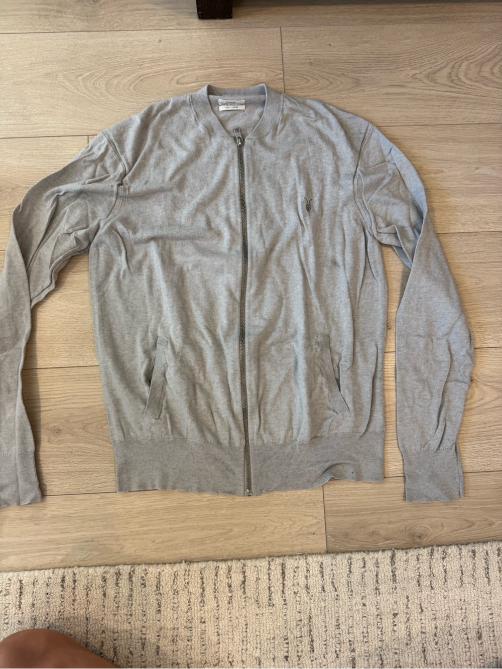 AllSaints Light Gray Full-Zip Knit Bomber Sweater